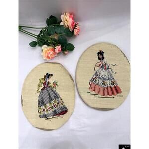 VTG Handmade Crewel Needlepoint  2 Ladies Southern Belle Unframed Pair